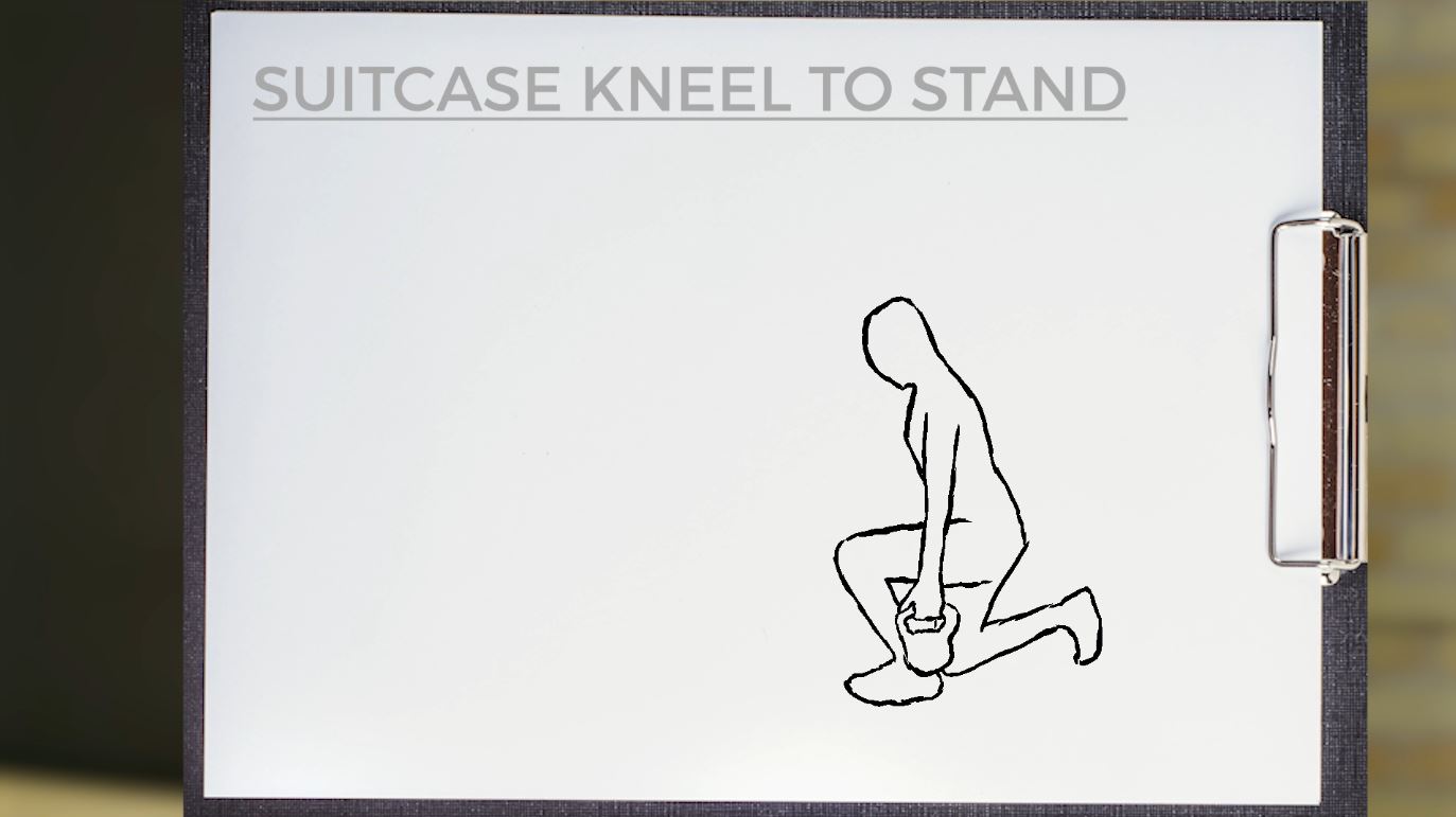 A sketch of a person doing a Suitcase Kneel to Stand