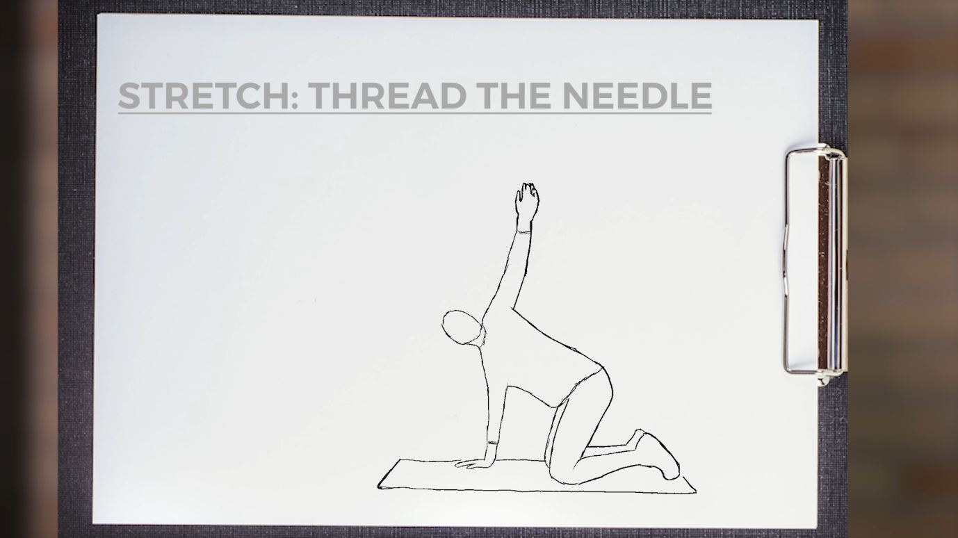 A sketch of a person doing the Thread the Needle stretch