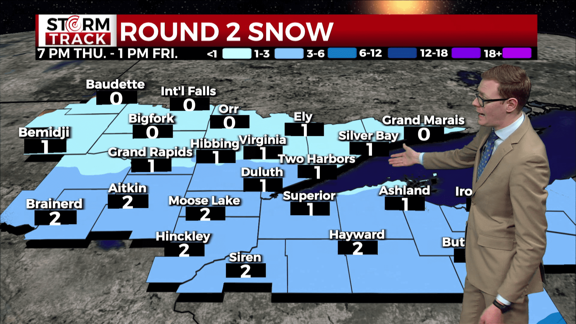Brandon showing expected snow amounts for 7 pm Thursday to 1 pm Friday