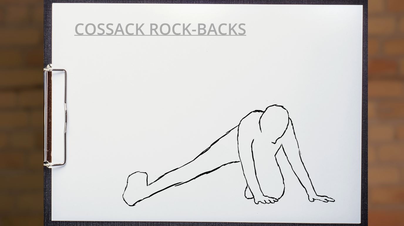 A sketch of a person doing a Cossack rock-back