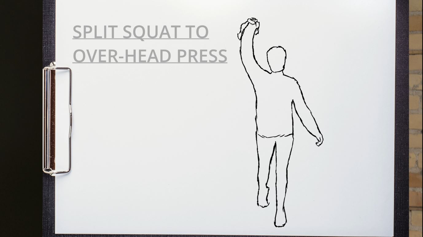 A sketch of a person doing a split squat to overhead press