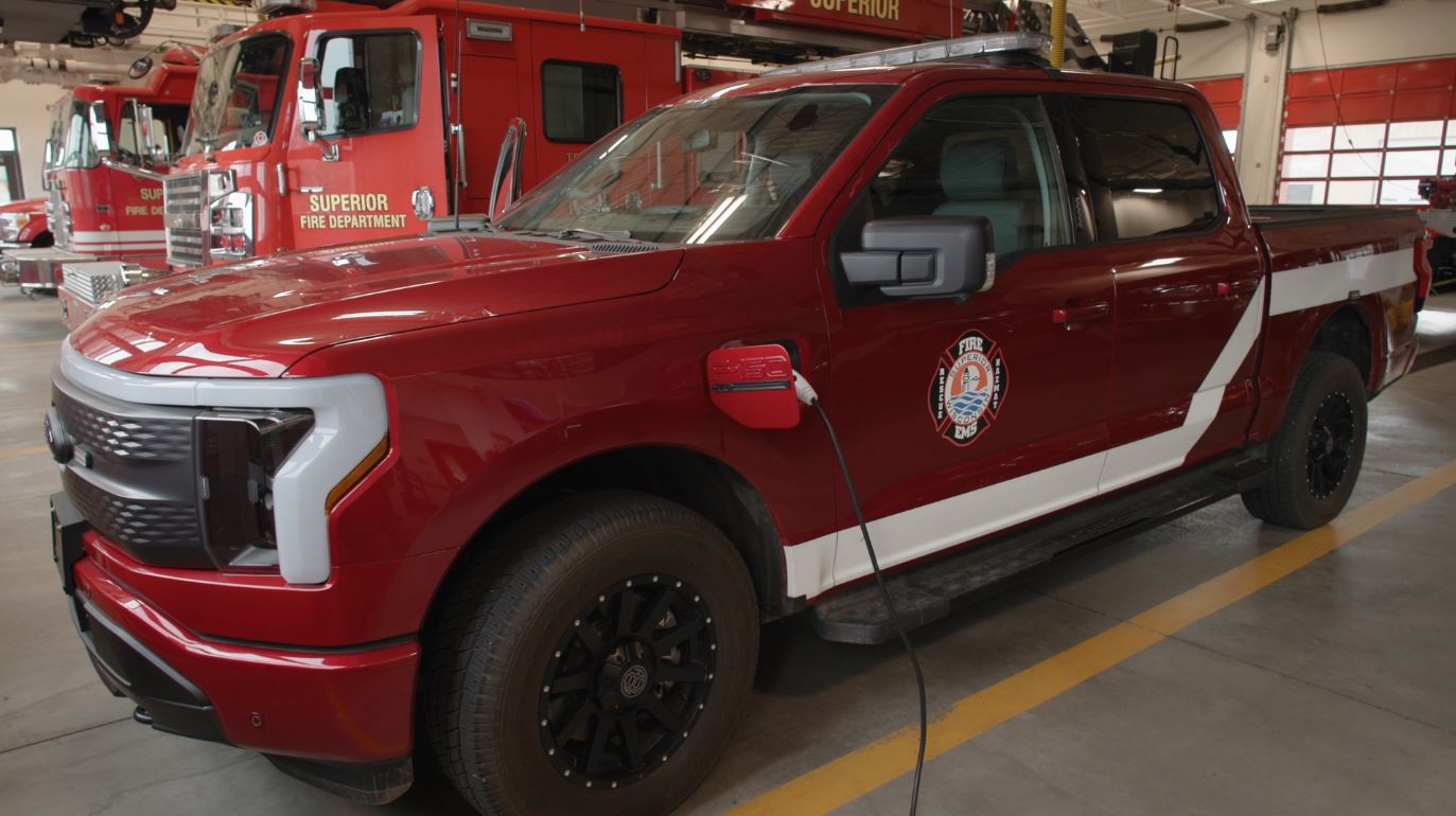 One of the Superior Fire Department's F150 Lightnings is plugged in at headquarters.