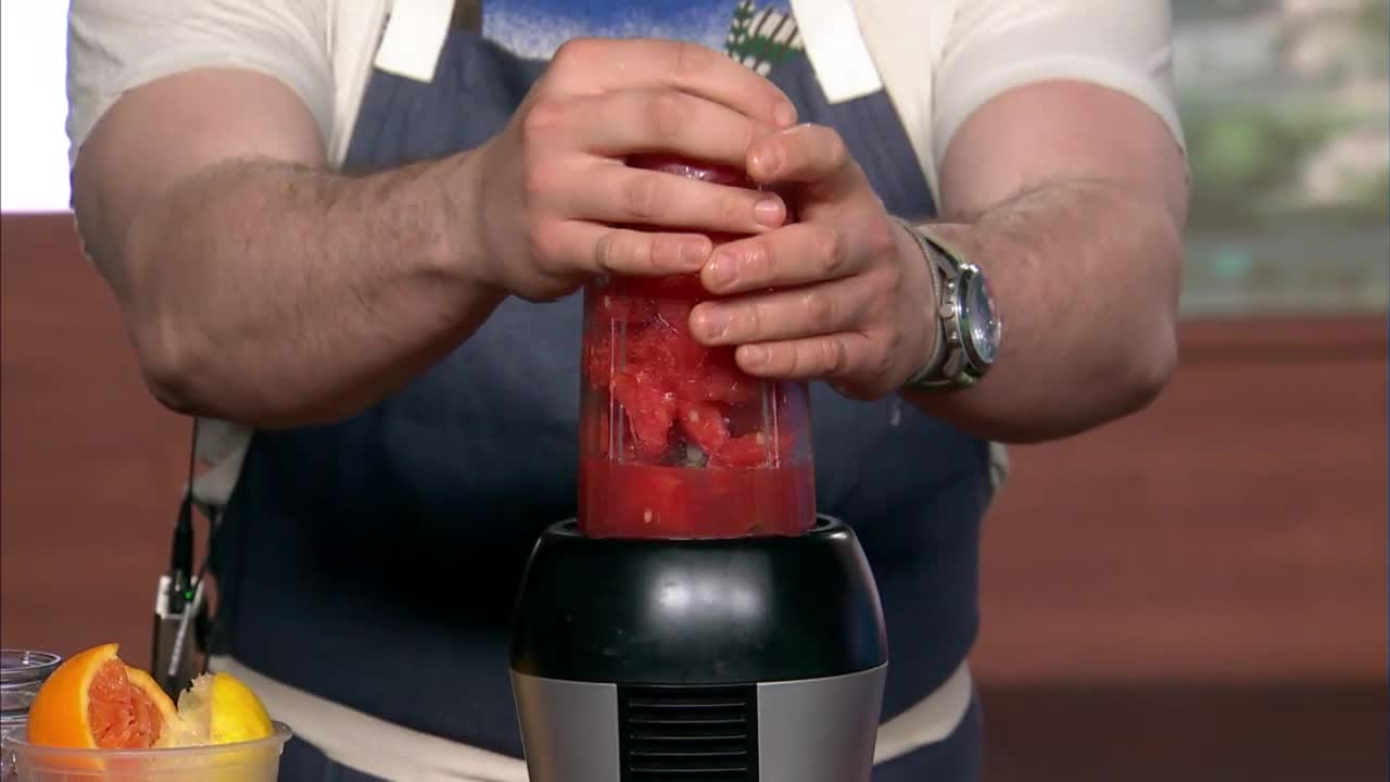 Watermelon and other ingredients are blended together