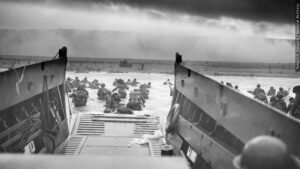A black-and-white photo of D-Day at Omaha Beach