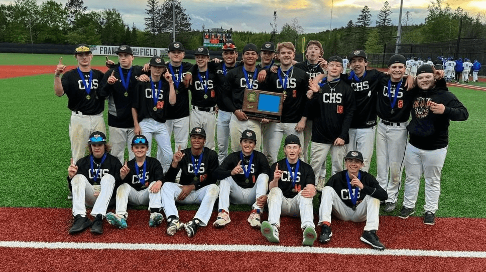 The Cherry baseball team poses with their 2024 Section 7A championship trophy. (Photo Courtesy: Cherry Baseball)
