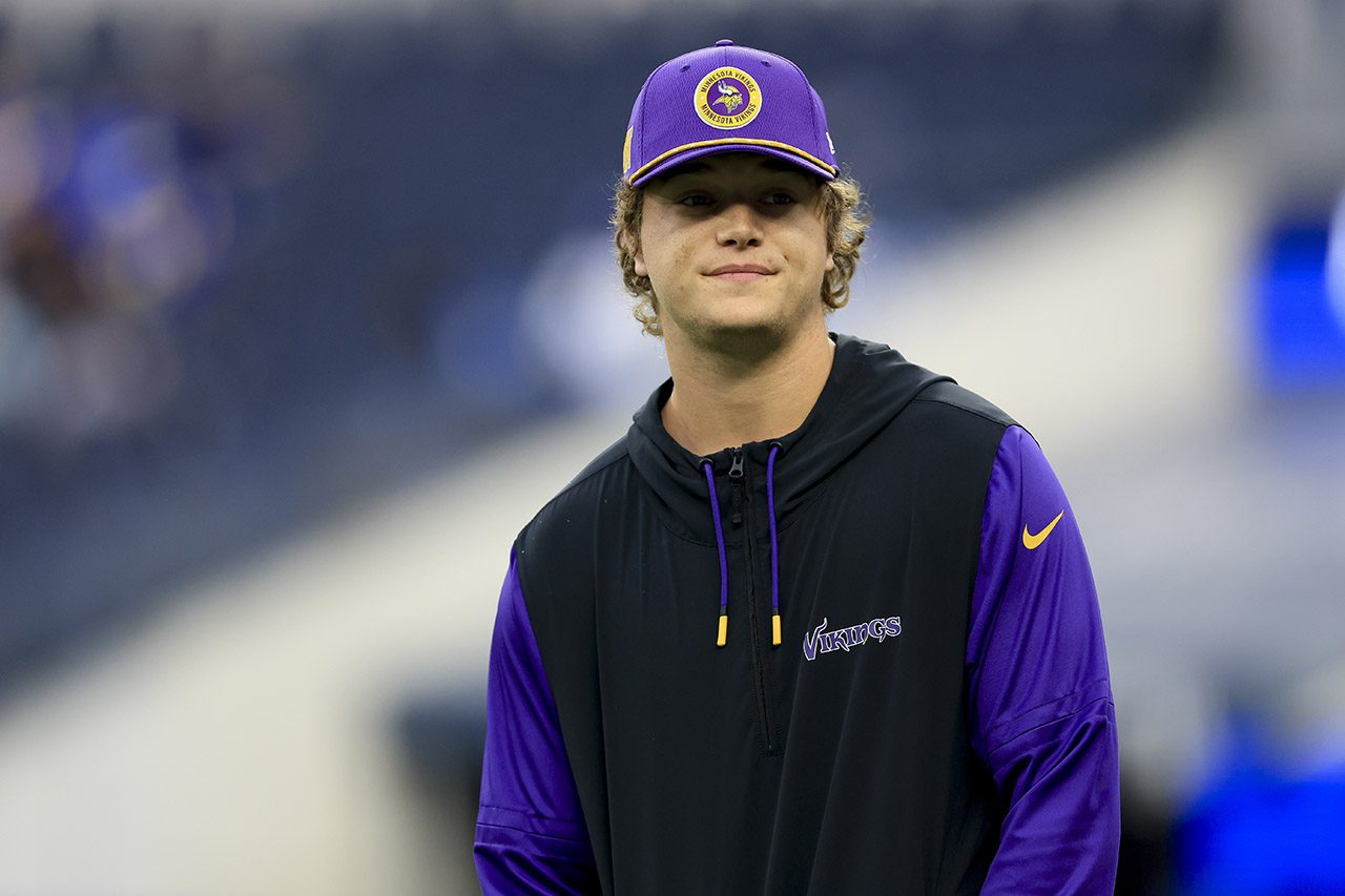 FILE - Minnesota Vikings quarterback JJ McCarthy stands before an NFL football game against the Los Angeles Rams Oct. 24, 2024, in Inglewood, Calif. (AP Photo/Ryan Sun, File)
